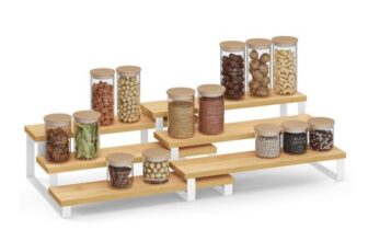 SONGMICS Spice Rack, Set of 2 Cabinet Shelf Organisers, 3-Tier Extendable