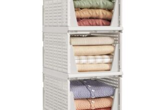 SONGMICS Stackable Wardrobe Storage, Foldable Closet Organizer, 3 Baskets LPC310WZ01