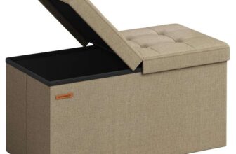 SONGMICS Storage Ottoman, Foldable Storage Bench, 38 x 76 x 38 cm, Flipping Lid, 300 kg Load Capacity. Camel or Grey