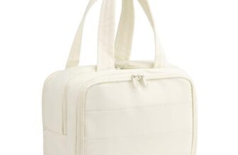 SUIKIHUM Puffy Travel Makeup Bag with Handle Beige Lightweight