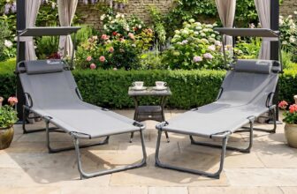 SUNMER Sun Loungers with Adjustable Backrest and Shade Roof Canopy Set of 2 Deluxe Garden Day Bed – 3 Position Reclining Folding Outdoor Sunbeds for Pool, Patio, Beach and Garden