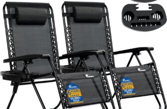 SUNMER XXL Sun Lounger Extra Wide Garden Chairs – Extra Wide Set of 2 Zero Gravity Chairs with Cup & Phone Holder, Adjustable Headrest & Pillow – Folding Deck Recliner Outdoor Seating – Black