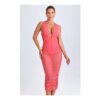 Safira Ruched Plunge Midaxi Dress in Coral