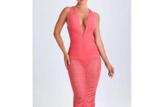 Safira Ruched Plunge Midaxi Dress in Coral