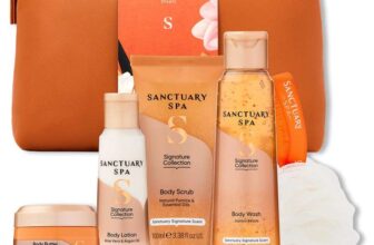Sanctuary Spa Signature Treats Gift Set for Women – Vegan Body Wash, Body Scrub, Body Lotion, Body Butter