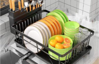 SavvyStor Dish Drainer Rack – Space Saving Dish Rack for Kitchen Counter, Kitchen Dish Drainer with Utensil Holder, Drain Board, Black