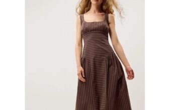 Selena Square Neck Stripe Midi Dress Brown