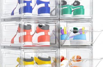 Shoe Storage Box, 6 Pcs Shoe Box Clear Plastic Stackable, Sturdy Foldable Shoe Organizer Containers with Magnetic Door for Women/Men, White
