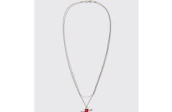 Silver Layered Necklace with Red Heart & Arrow Pendant