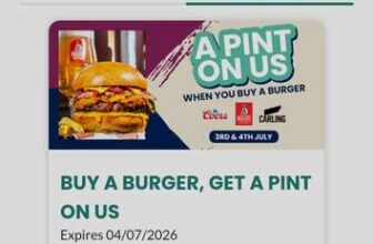 Sizzling pubs free pint of beer or soft drink when you buy a burger