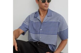 Solstice Striped Cuban-Collar Shirt with Cotton in Bright Blue