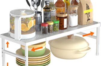 Spice Rack kitchen Cupboard Shelf Organiser, Expandable Kitchen Shelf Organiser, Adjustable height, suitable for kitchen, cabinet, study, bathroom (White)