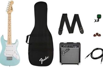 Squier by Fender Mini Stratocaster Pack, Beginner Electric Guitar, Includes Amp, Tuner, Gig Bag, Cable and Strap Daphne Blue Colour