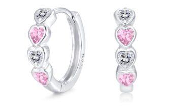 Sterling Silver Hoop Huggie Earrings, Pink Heart Zirconia, Lightweight Hypoallergenic