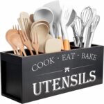 Suli Upgrade Extra Large Kitchen Utensils Holder with 4 Compartments, Wooden Utensil Organizer for Kitchen Countertop, Farmhouse Decor, Rustic Cooking Utensil – Black