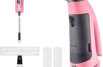 Swan x Lynsey SC59010QOC Rechargeable Cordless Window Vacuum Cleaner with Extension Pole, 35 Mins Runtime, Includes Spray Bottle with Cloth Holder / 2x Washable Microfiber Cloth, Pink