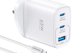 TOPADRE 65W 3 Ports Fast Charger Plug with QC 4.0/PPS/PD 3.0, UK USB C Plug Cable, White. Sold by TOPADRE Tech UK FBA