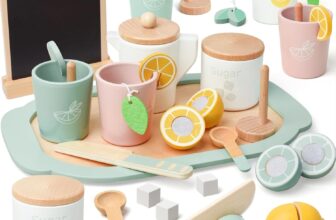 Tea Set Pretend Play Afternoon Tea Party Food Toys Lemonade Stand Supplies No Assembly Required Non-Toxic Wooden Tea Set Toys Lemonade Stand for Toddlers 3-5 Birthday Gift