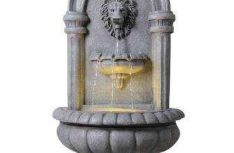 Teamson Home Outdoor 32 Tiered Lion Head Stone LED Water Wall Fountain, Natural Stone with code