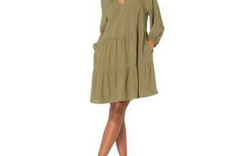The Drop Womens Ruffle-Neck Tiered Mini Dress, Olive, M