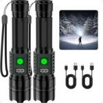 Torch Rechargeable 2 Pack, Torches Led Super Bright 500000 High Lumens, 5 Modes Adjustable Flashlight with LCD Display, Long Lasting, IPX7 Waterproof, Torches Battery Powered for Camping, Hiking
