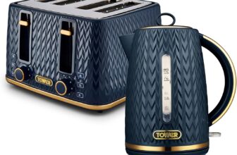 Tower Empire Kitchen Set, 1.7L Rapid Boil Kettle and 4 Slice Toaster, Midnight Blue with Brass Accents, T10052MNB & T20061MNB