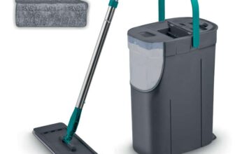 Tower Flat Mop and Bucket Set with 2 Washable Microfibre Mop Heads, Dual-Chambers, Clean & Dirty Water Separation, Removable Water Tank