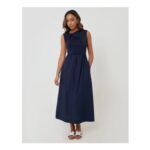 Twist Detail 2-in-1 Midi Dress with Poplin Skirt in Navy