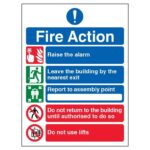 V Safety 12005AN-S General Fire Action 5 Message Sign – Portrait – 150mm x 200mm – Self Adhesive Vinyl, Black/Blue/Green/Red