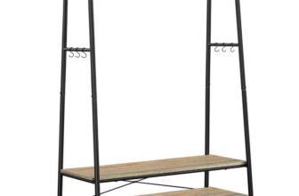 VASAGLE Clothes Rail, Clothes Rack with 2 Shelves, 6 S-Shaped Hooks, Steel Frame, for Bedroom