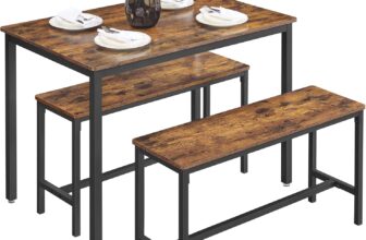 VASAGLE Dining Table with 2 Benches, 3 Piece Set, Kitchen Table of 70 x 110 x 75 cm, 2 Benches of 30 x 97 x 50 cm Each, Steel Frame, Industrial Design, Rustic Brown and Black KDT070B01