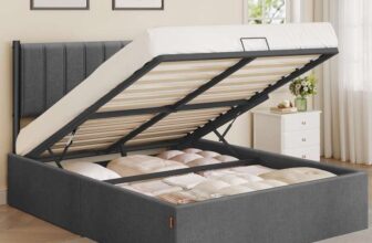 VASAGLE Double Bed Frame, 135 x 190 cm, Ottoman Bed with Lift-Up Storage – Grey