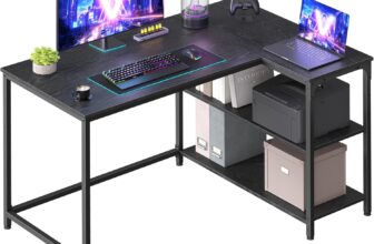 VASAGLE L Shaped Corner Desk, Computer Gaming Desk with Storage, Reversible Height-Adjustable Shelves, for Home Office, 110 x 80 cm, Ebony Black LWD135BE01