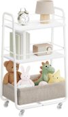 VASAGLE LILEA Collection – Storage Trolley with Fabric Basket, 3-Tier Rolling Trolley on Wheels, with Shelves, for Living Room, Bedroom, Kitchen, Cloud White and Camel Brown LRC001WB01