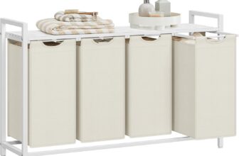 VASAGLE Laundry Basket, 4-Compartment Laundry Hamper, Pull-Out and Removable Liner Bags, Clothes Sorter, Shelf, Metal Frame, 4 x 40 L, 116 x 33 x 72 cm, Cream White and Matte White BLH401W01