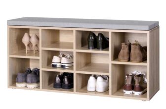 VASAGLE Shoe Bench, Shoe Rack, Storage Unit, 10 Compartments, with Cushion, for Entrance, 104 x 30 x 48 cm, Oak LHS10NL