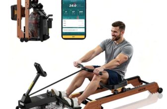 VEVOR Water Rowing Machine, 6-Level Quiet Resistance, Wooden Foldable Rower Machine with 14L Water Tank & LCD Monitor