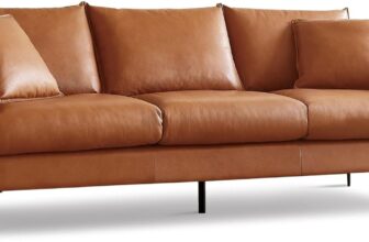 Valencia 3 Seater Leather Sofa, Genuine Leather Contemporary Couch with 2 Pillows, Living Room Furniture Easy to Clean – Jasper