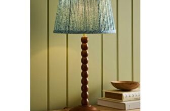 ValueLights Bobble Walnut Table Lamp with Blue Leaf Pleated Shade