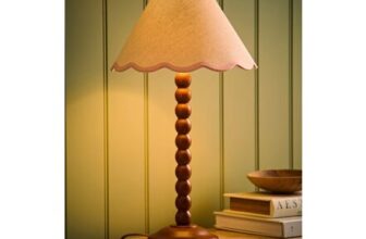 ValueLights Bobble Walnut Table Lamp with Pink Trim Scallop Shade