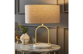 ValueLights Rachel Brushed Gold Metal Arch Marble Base Table Lamp