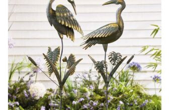 Verdigris Crane Garden Statues – Stake into Lawn Flower Beds Pond Set of 2
