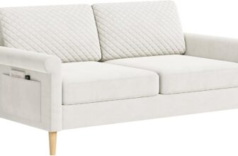 Vesgantti Velvet 2 Seater Sofa, 164cm Loveseat Sofa, Tool-free Assembly Upholstered Couch with Bilateral Pocket Storage Perfect for Living Room, Bedroom, Office, Apartment, 164L76D85Hcm, Cream