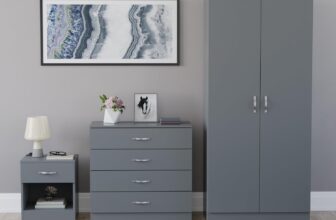 Vida Designs Riano 3 Piece Bedroom Furniture Set – 1 Drawer Bedside Chest, 4 Drawer Chest, 2 Door Wardrobe – Grey