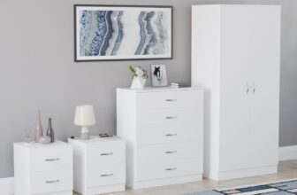 Vida Designs Riano 4 Piece Bedroom Set – 2 Drawer Bedside Chest, 5 Drawer Chest, 2 Door Wardrobe – White