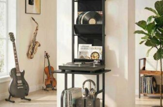 Vinyl Record Player Stand with Oxford Pockets, Black