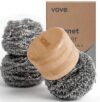 Vove Magnetic Scourer Rust-Free Stainless Steel Scrubber with FSC-Certified Bamboo Handle, 3 Replacement Pads, for Cast Iron, Pots & Pans, Plastic-Free Zero Waste Washing Up Tool