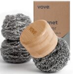 Vove Magnetic Scourer Rust-Free Stainless Steel Scrubber with FSC-Certified Bamboo Handle, 3 Replacement Pads, for Cast Iron, Pots & Pans, Plastic-Free Zero Waste Washing Up Tool
