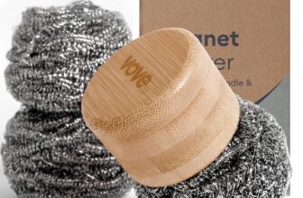Vove Magnetic Scourer Rust-Free Stainless Steel Scrubber with FSC-Certified Bamboo Handle, 3 Replacement Pads, for Cast Iron, Pots & Pans, Plastic-Free Zero Waste Washing Up Tool