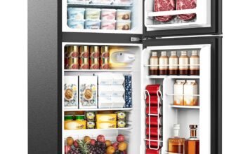 WELLENT 127L Fridge with Freezer, Double Door Compact Fridge with LED Light, 7-Stage Thermostat, 4 Glass Shelves, 43dB Ultra-Quiet Energy Efficient for Dorm, Office and Bedroom, Black